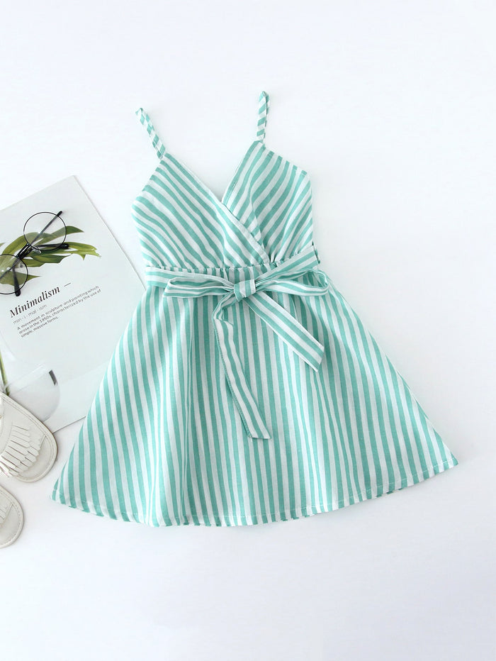 Toddler Girls Striped Surplice Self Tie Flowy Cami Dress Mint Green