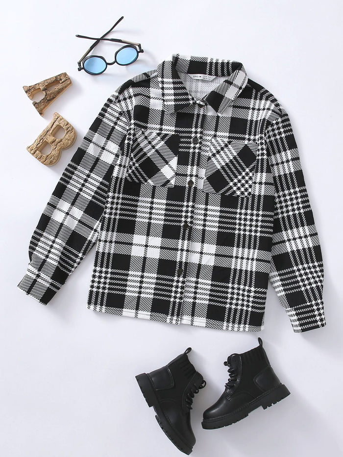 Boys Collared Pocket Front Plaid Shirt