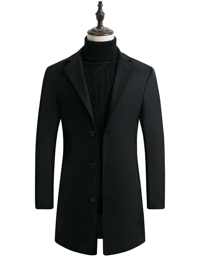Men Solid Button Through Lapel Collar Coat Black