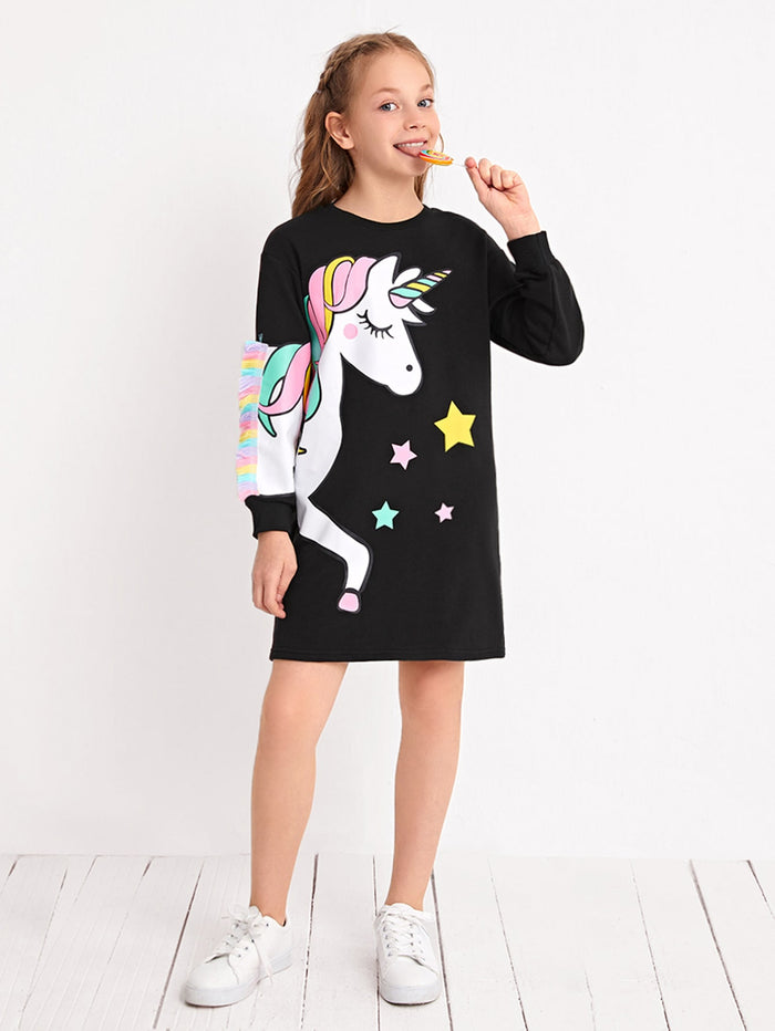 Girls Fringe Detail Unicorn Print Sweatshirt Dress Black