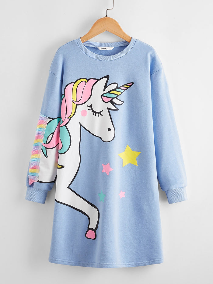 Girls Fringe Detail Unicorn Print Sweatshirt Dress Blue