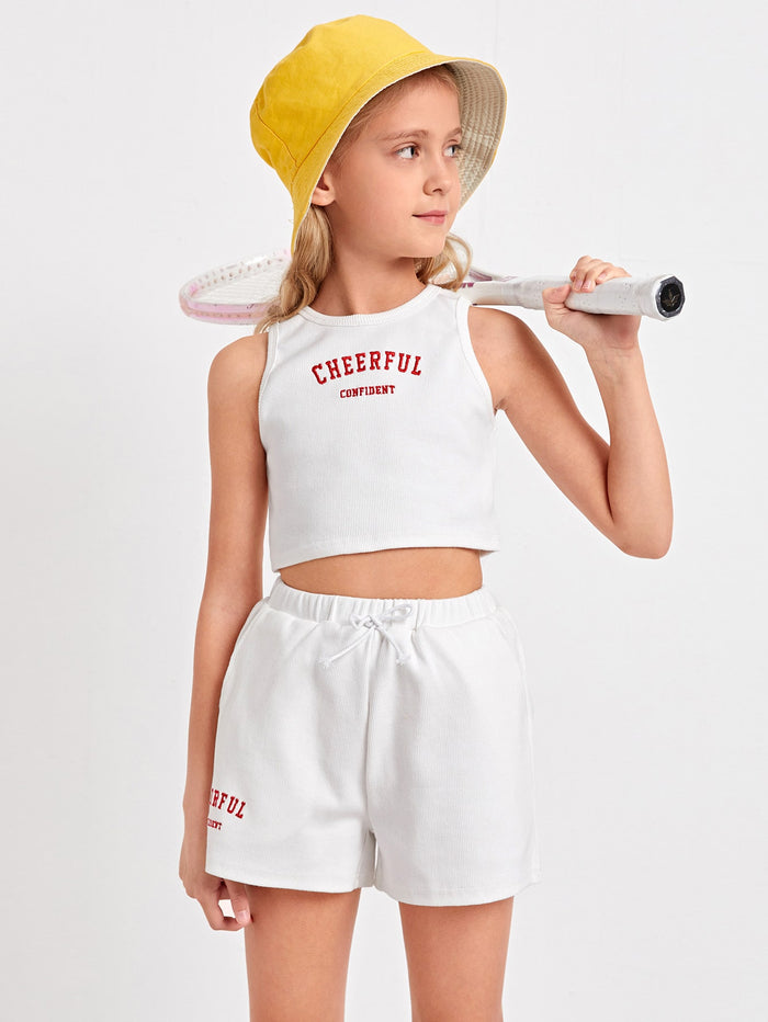 Girls Embroidery Letter Rib-knit Crop Tank Top & Track Shorts Set