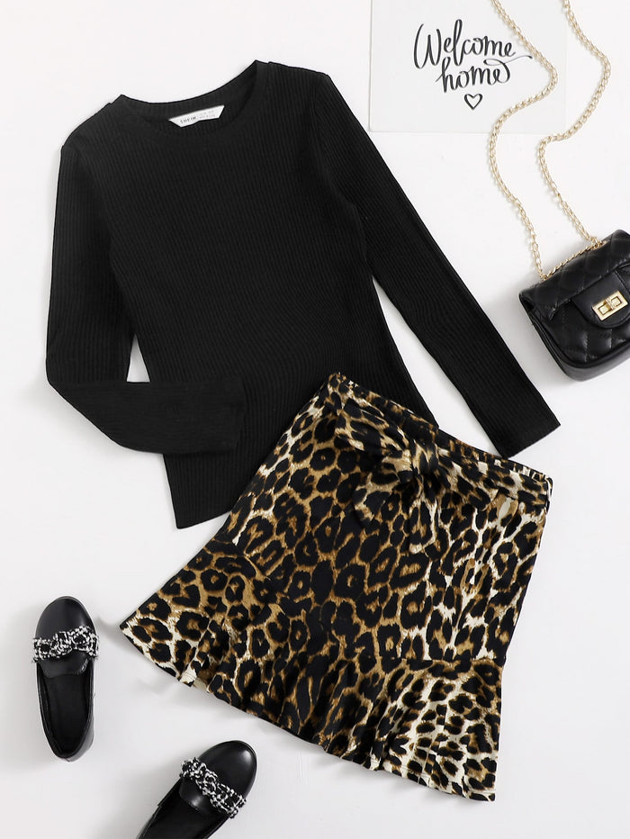 Girls Rib-knit Solid Top & Ruffle Hem Belted Leopard Skirt Set