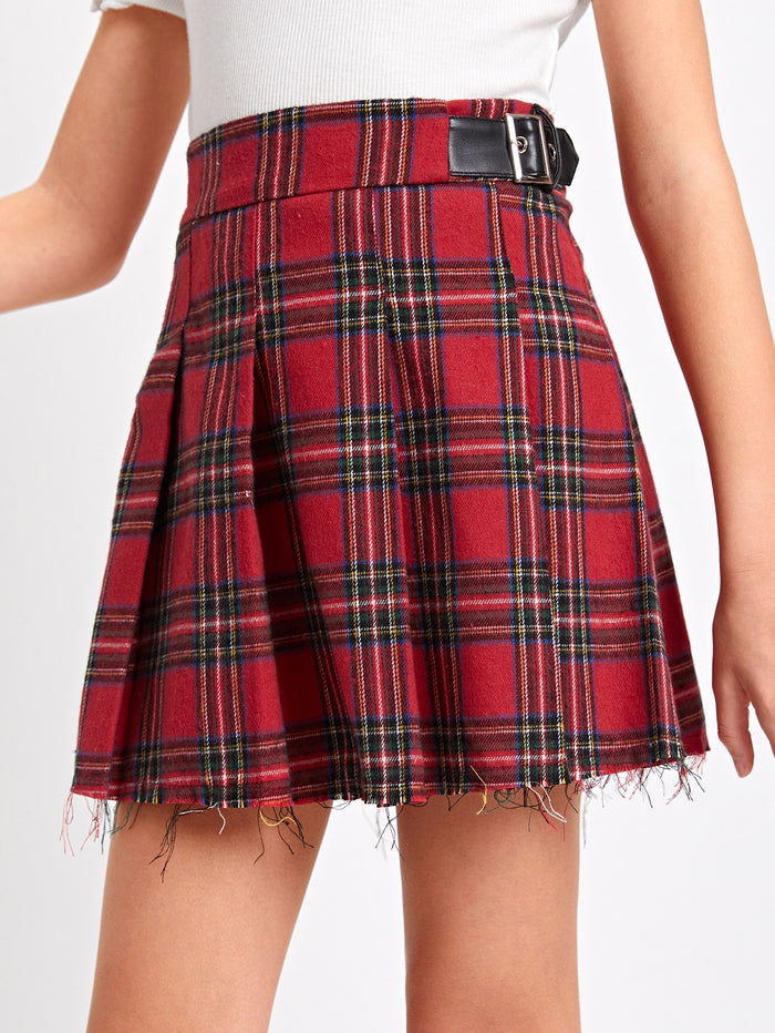 Girls Tartan High Waist Pleated Skirt Multicolor