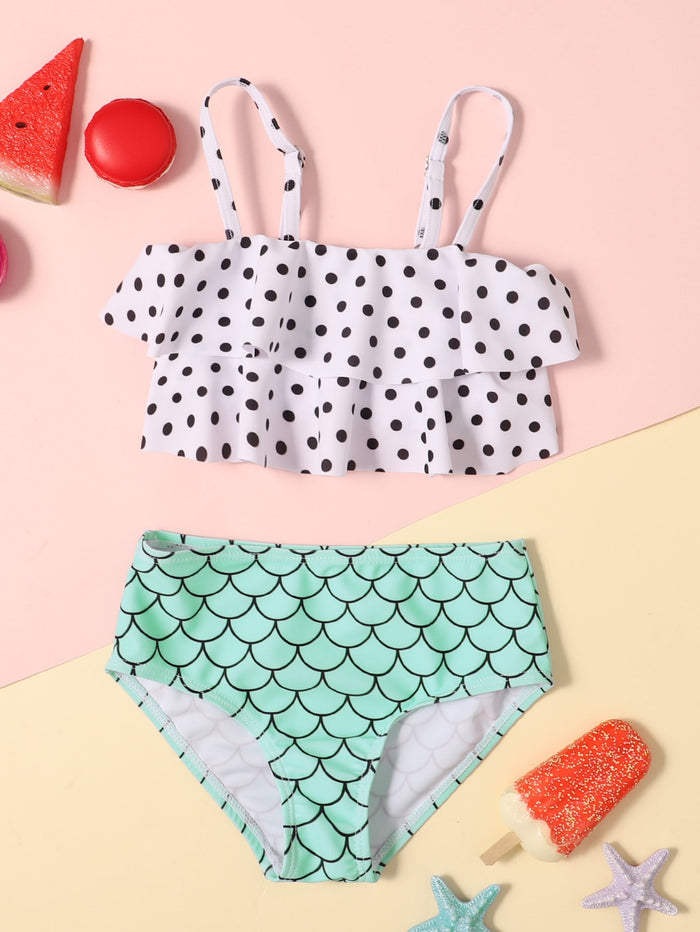 Toddler Girls Polka Dot & Fish Scale Print Bikini Swimsuit