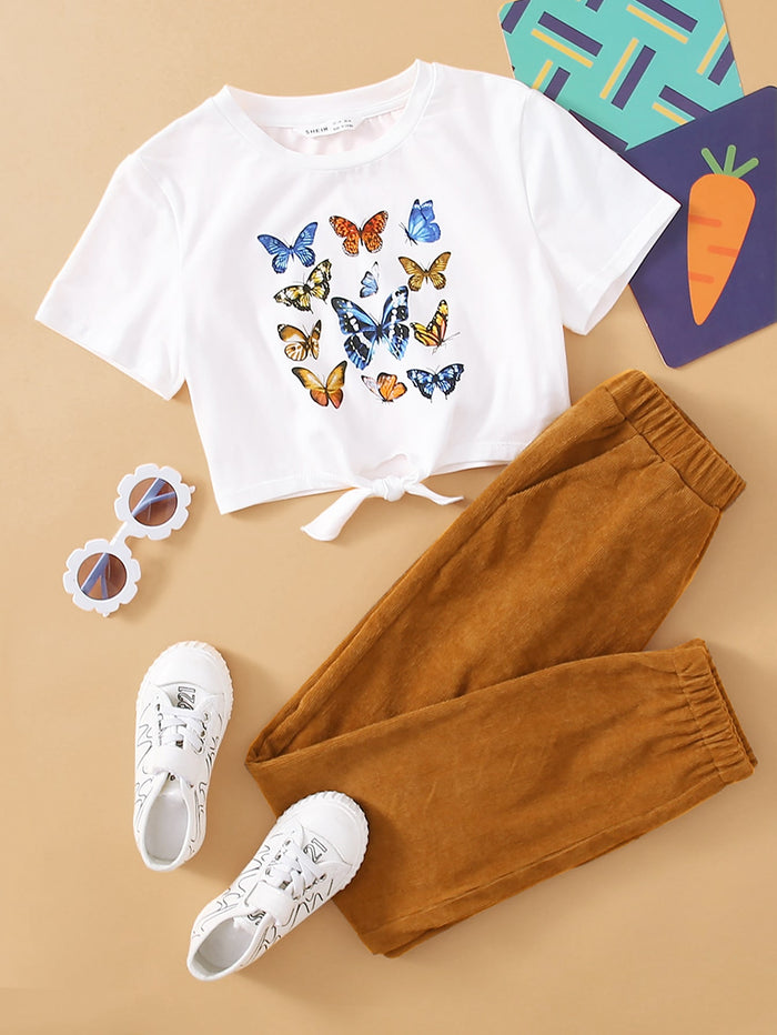 Girls Butterfly Print Knot Hem Top & Pants Set