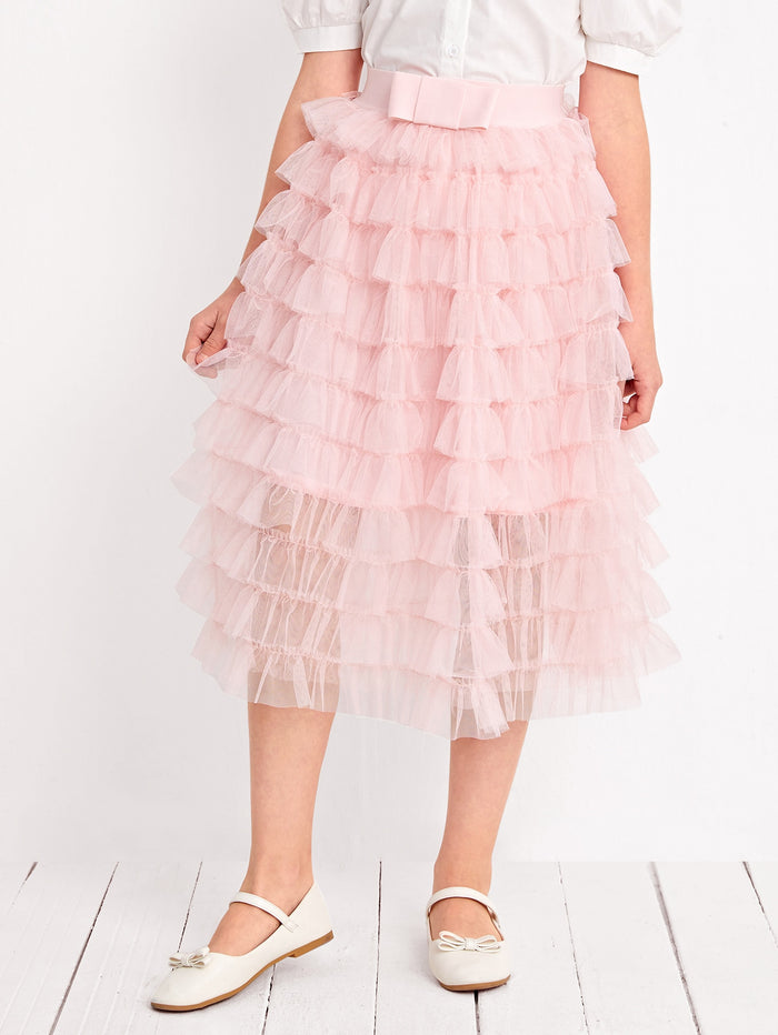 Girls Bow Waist Layered Ruffle Hem Mesh Skirt