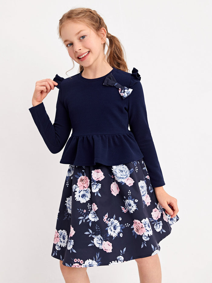 Girls Bow Detail Peplum Top & Floral Print Skirt Set