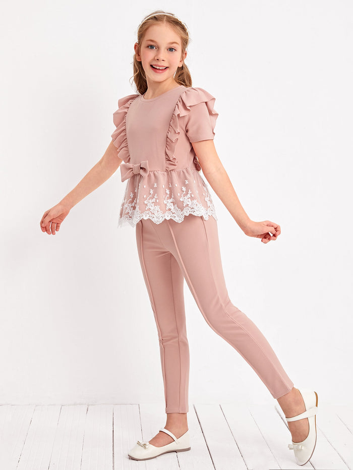 Girls Contrast Embroidered Mesh Ruffle Trim Top & Leggings Set