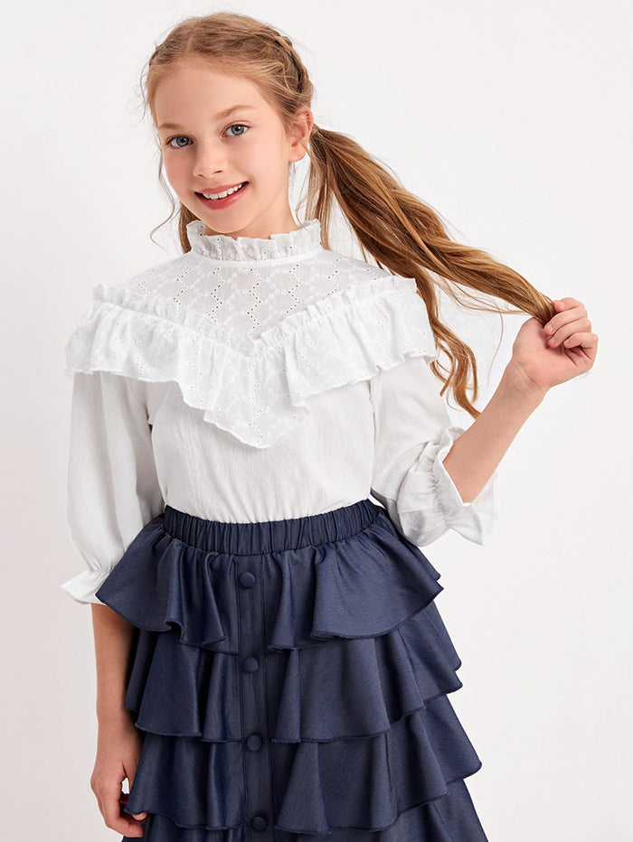 Girls Schiffy Embroidered  Flounce Sleeve Top