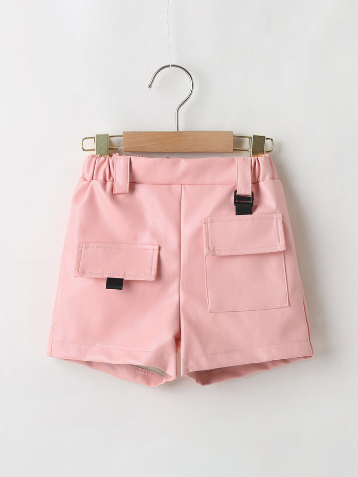 Toddler Girls PU Leather Flap Pocket Shorts