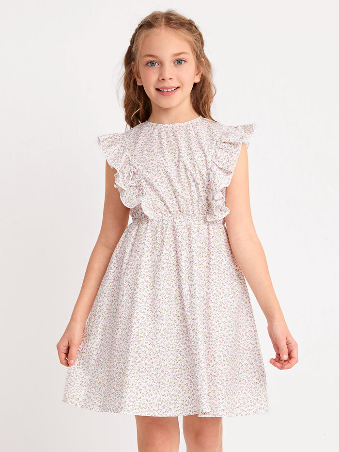 Girls Ruffle Armhole Ditsy Floral Dress
