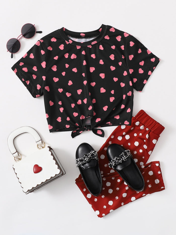 Toddler Girls Heart Print Knot Hem Tee