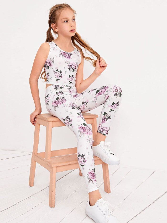 Girls Allover Floral Print Tank Top & Leggings Set