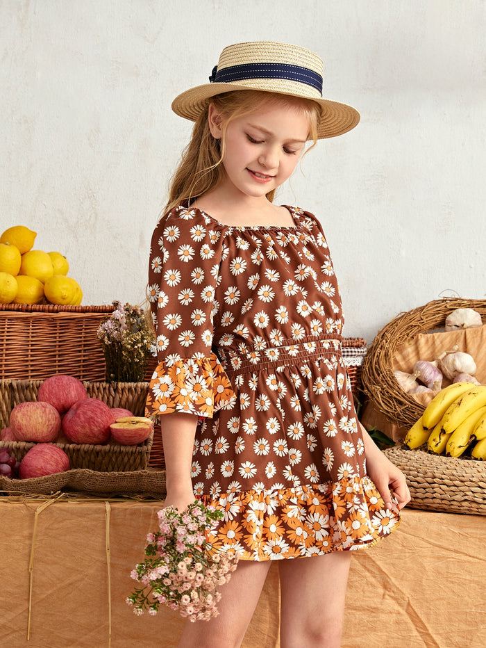 Girls Daisy Graphic Flounce Sleeve Top & Skirt Set