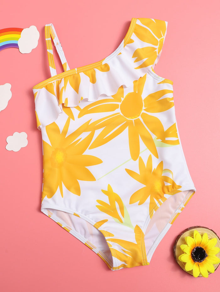 Toddler Girls Floral Ruffle Hem One Piece Swimsuit