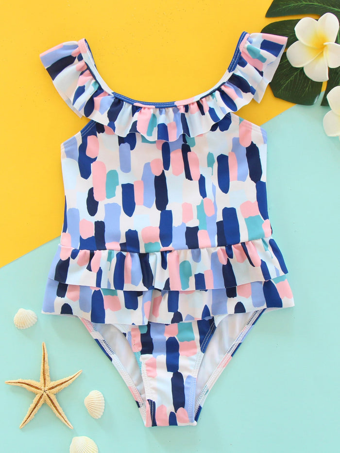 Toddler Girls Color Block Ruffle Trim One Piece Swimsuit