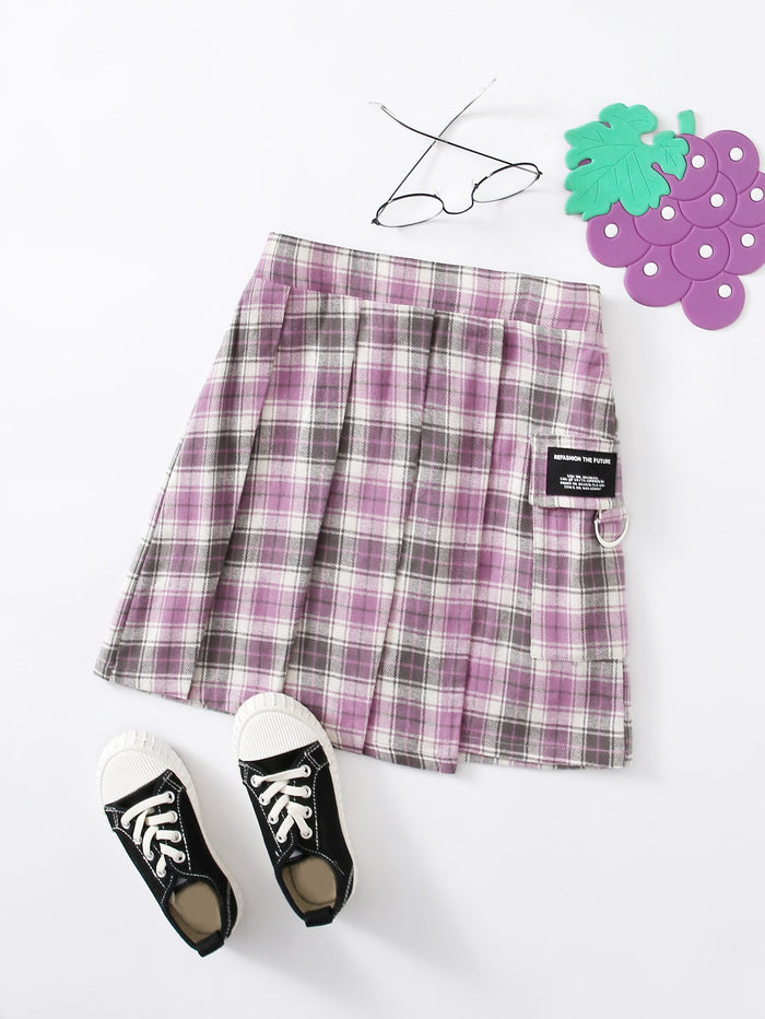 Girls Patched Detail Plaid Pleated Skirt