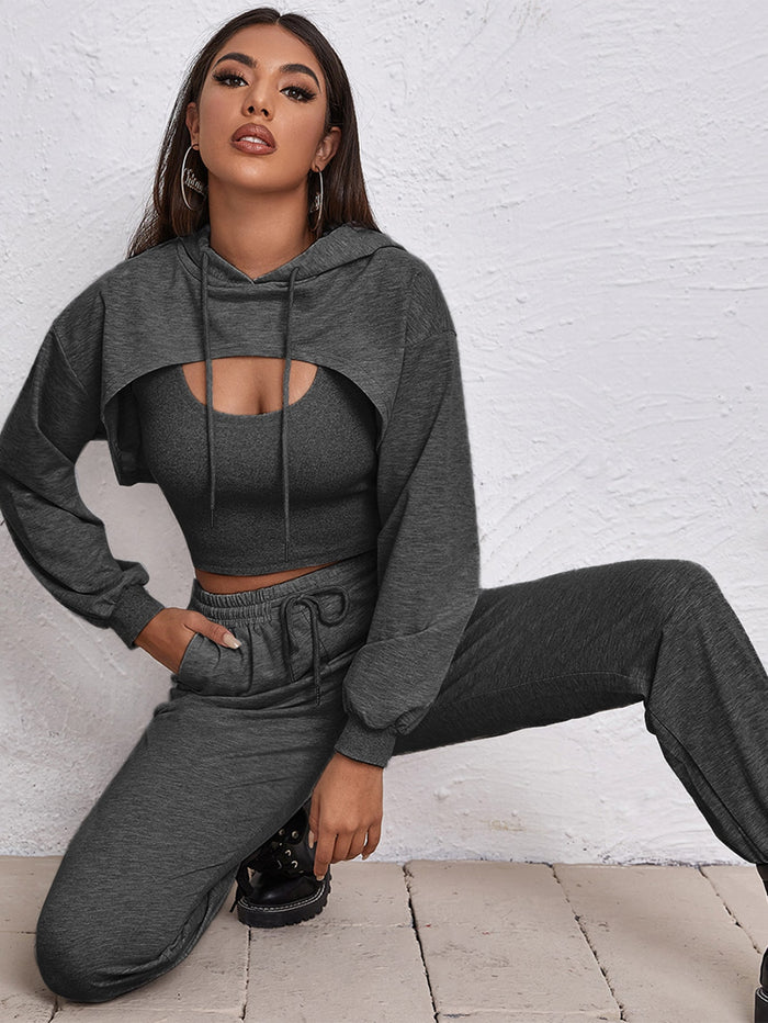Super Crop Drawstring Hoodie With Tank & Joggers Set Dark Grey