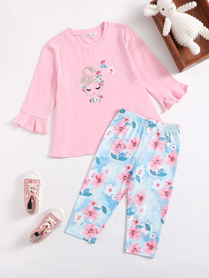 Girls Girls and Floral Flounce Sleeve Tee and Leggings Set