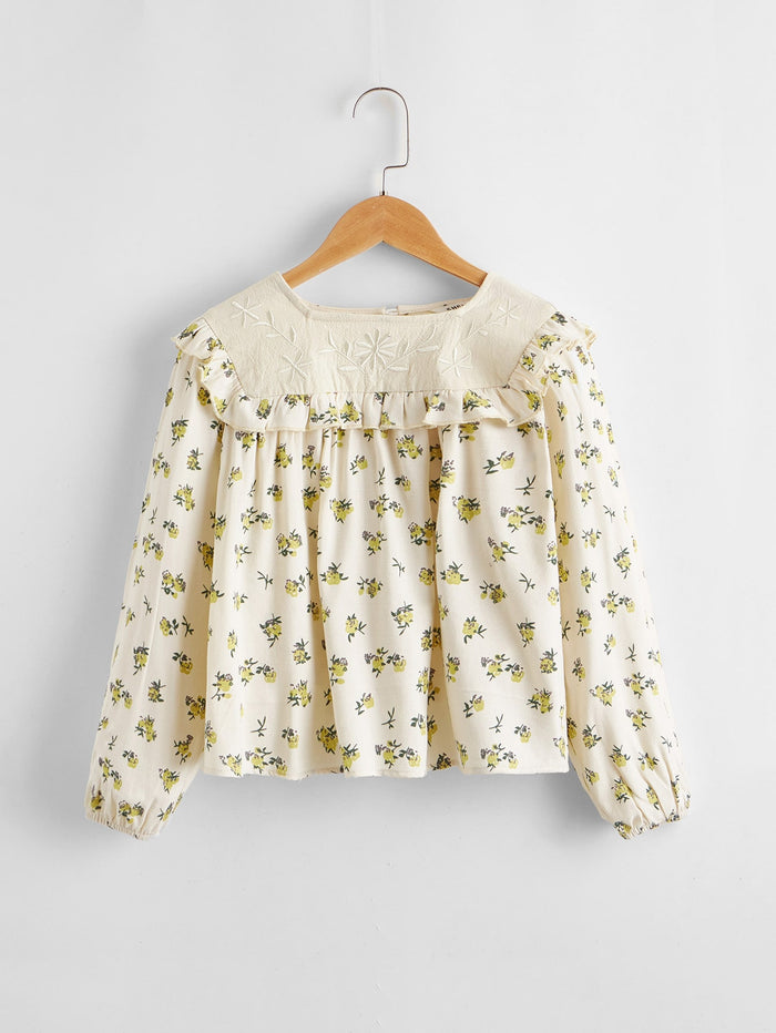 Girls Embroidered Detail Ruffle Trim Floral Top