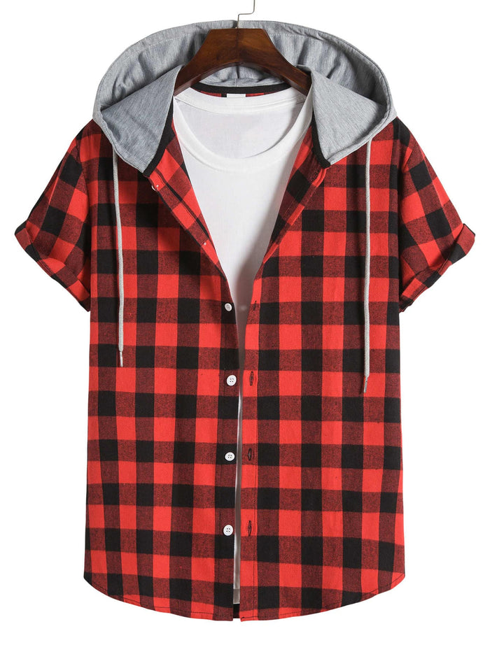 Men Gingham Drawstring Hooded Shirt