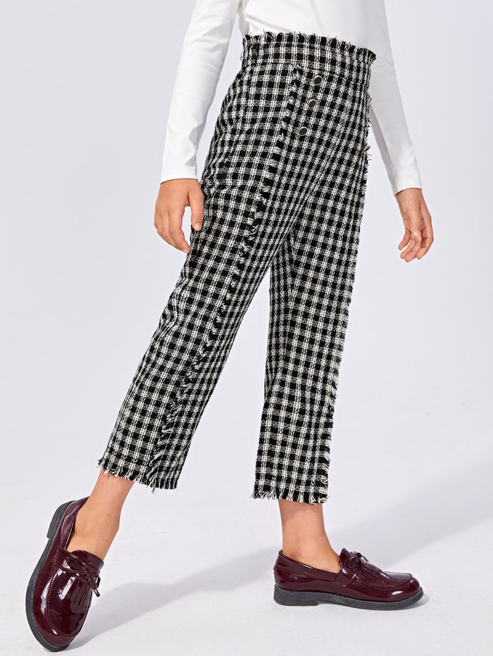 Girls Double Button Detail Frayed Trim Tweed Pants