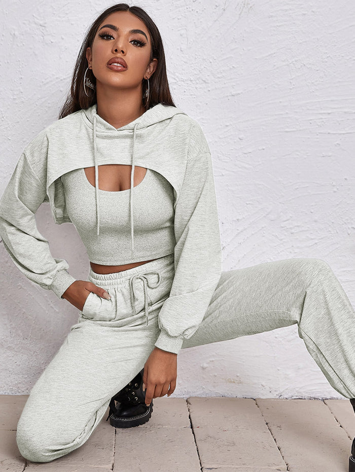 Super Crop Drawstring Hoodie With Tank & Joggers Set White