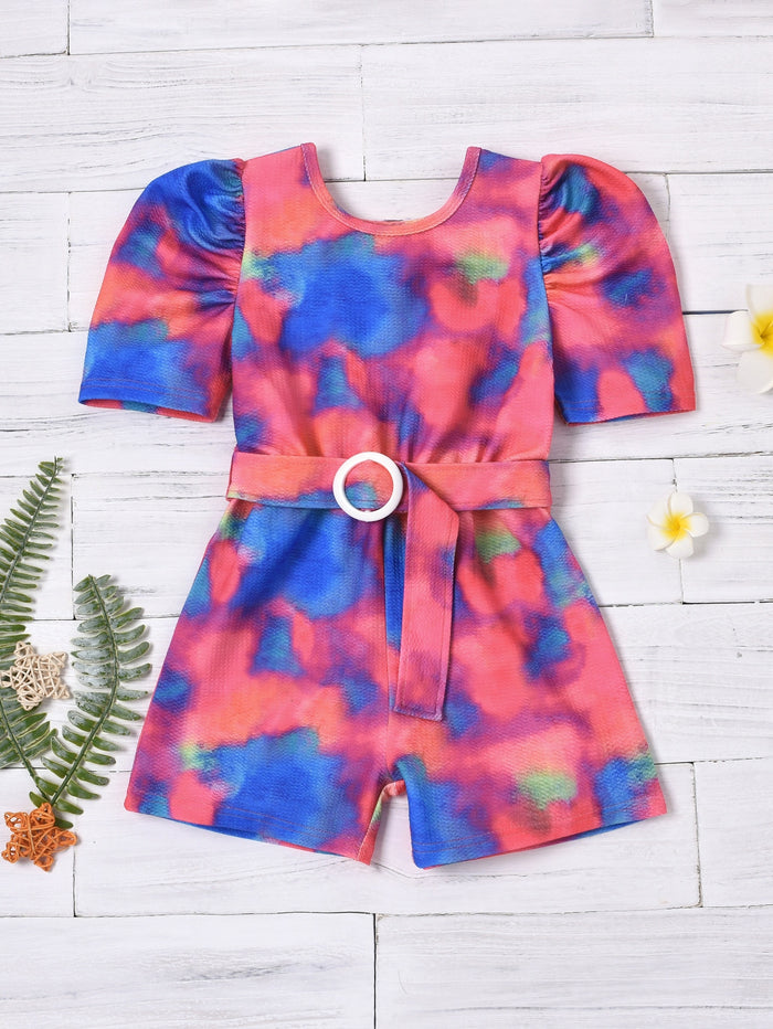 Toddler Girls Puff Sleeve Belted Tie Dye Romper