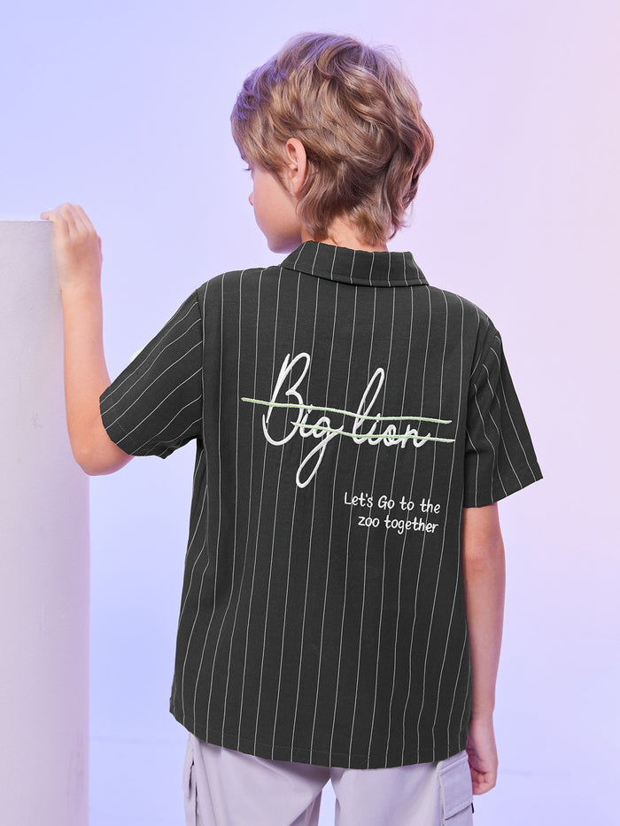 Boys Slogan Embroidered Striped Shirt