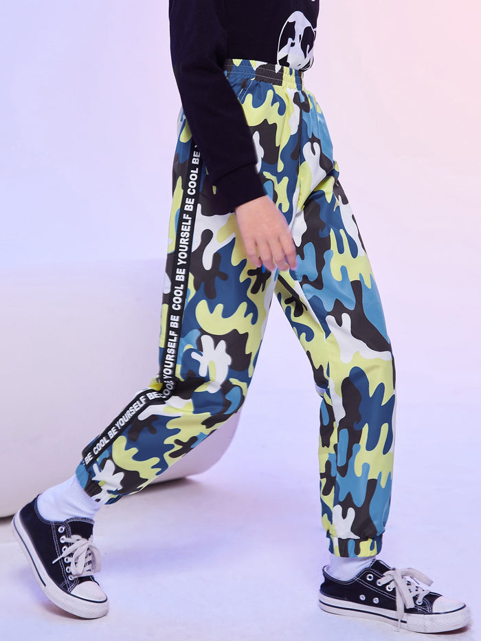 Boys Contrast Letter Tape Side Camo Wind Pants