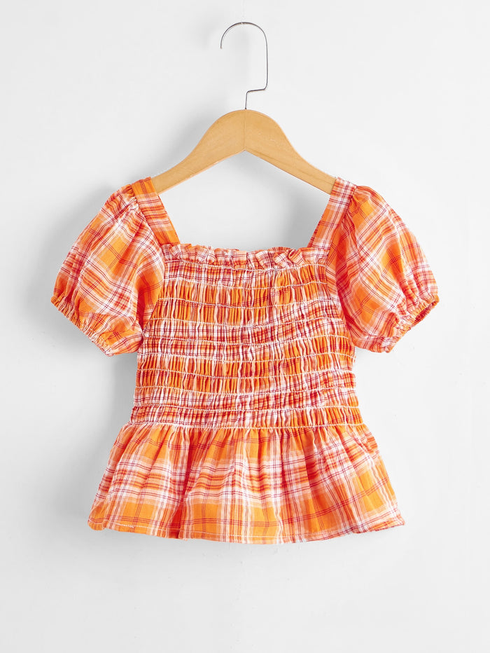 Toddler Girls Plaid Shirred Peplum Blouse