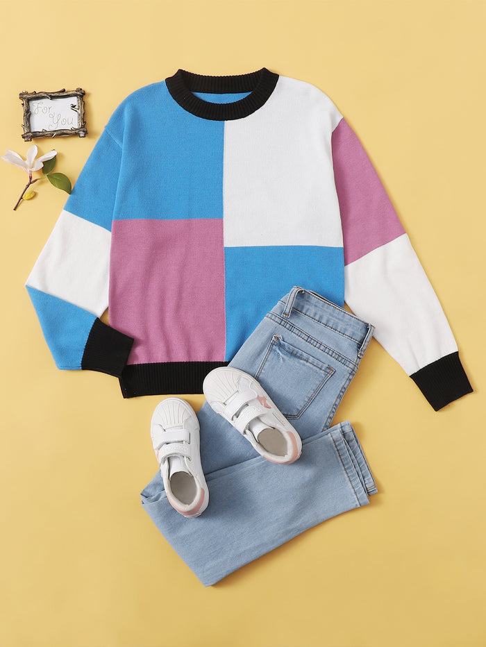 Girls Drop Shoulder Colorblock Sweater