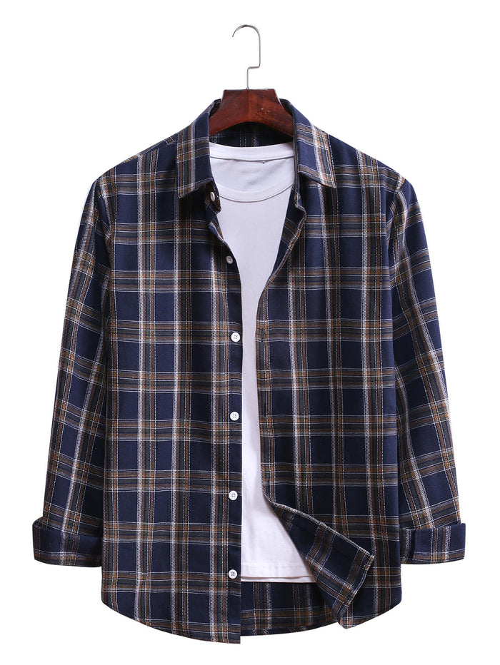 Men Plaid Curved Hem Shirt Without Tee Navy Blue