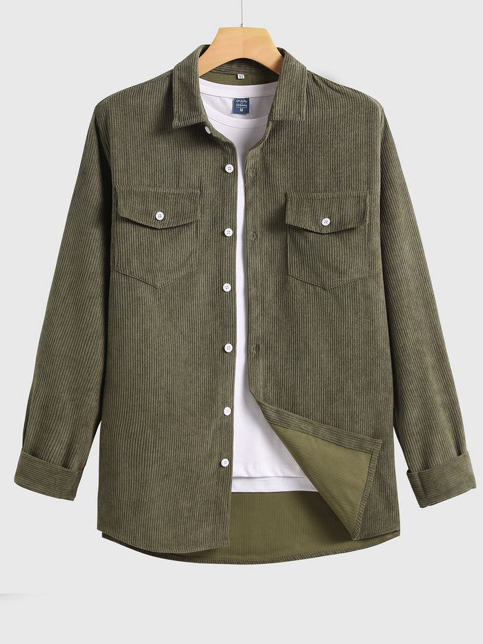 Men Corduroy Flap Pocket Button Front Shirt Army Green