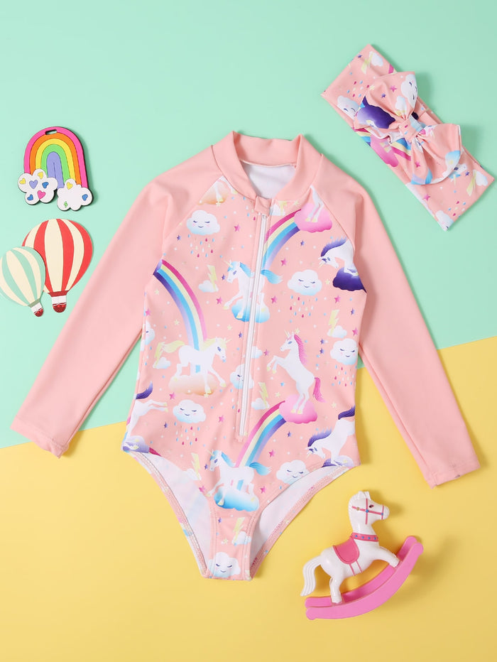 Toddler Girls Unicorn Print One Piece Swimsuit & Headband