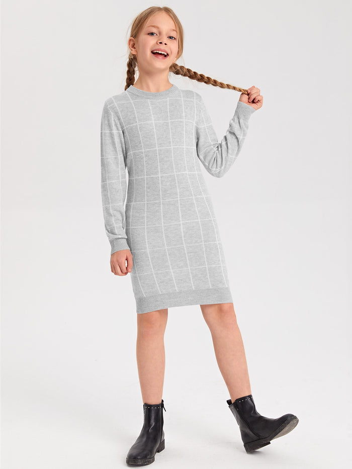 Girls Grid Pattern Sweater Dress