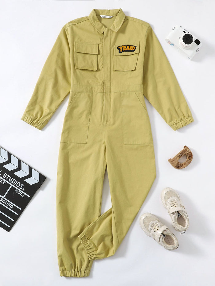 Boys Collared Letter Patched Detail Pocket Front Jumpsuit