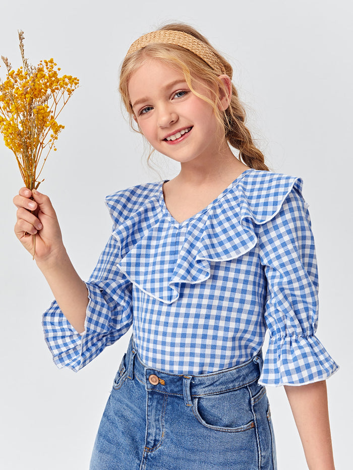 Girls Bell Sleeve Ruffle Trim Gingham Top