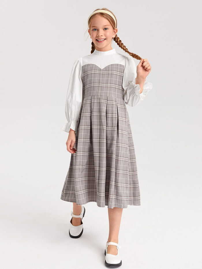 Girls Bell Sleeve Fold Pleated Plaid Dress
