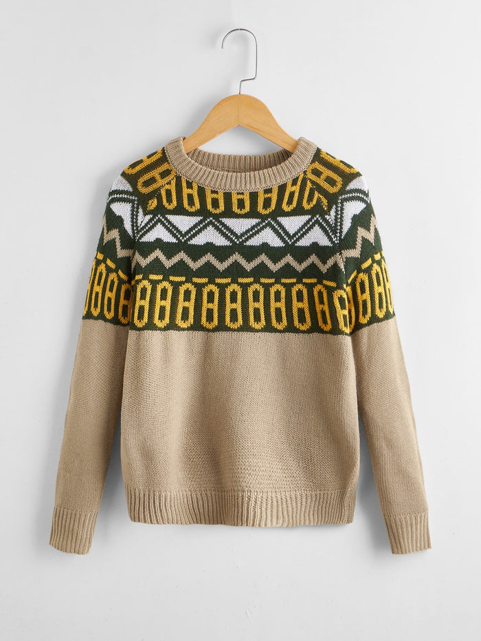 Boys Raglan Sleeve Geo Pattern Sweater