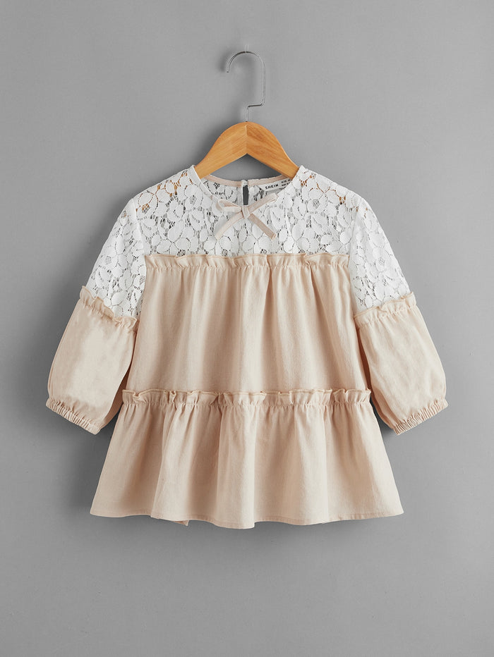 Girls Lace Yoke Bow Front Colorblock Peplum Top