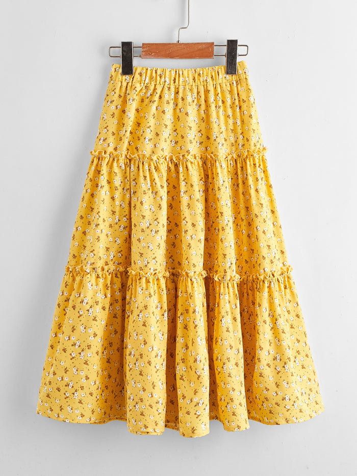 Girls Ditsy Floral Layered Frilled Trim Skirt