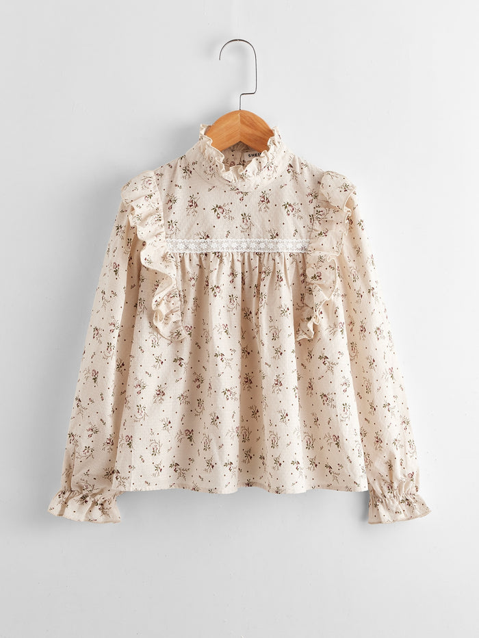 Girls Embroidered Mesh Panel Ruffle Trim Floral Top