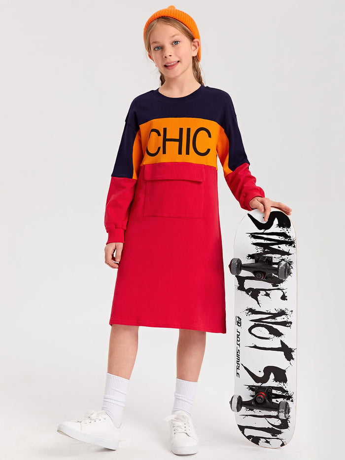 Girls Flap Pocket Colorblock Sweatshirt Dress