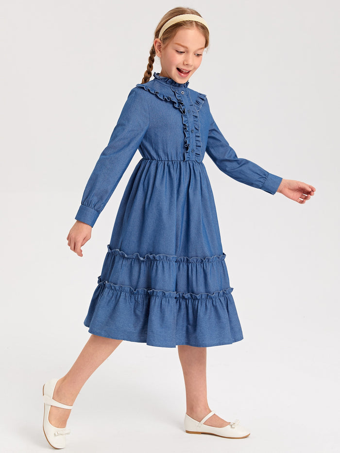 Girls Ruffle Neck Button Front Layered Hem Dress