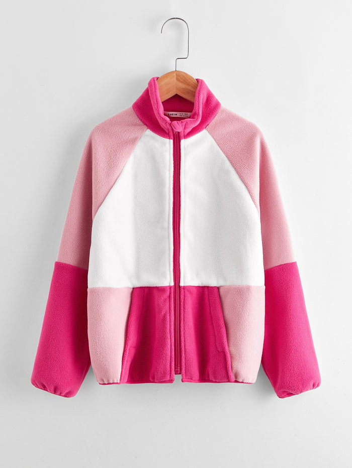 Girls Zip Up Colorblock Pouch Pocket Teddy Jacket