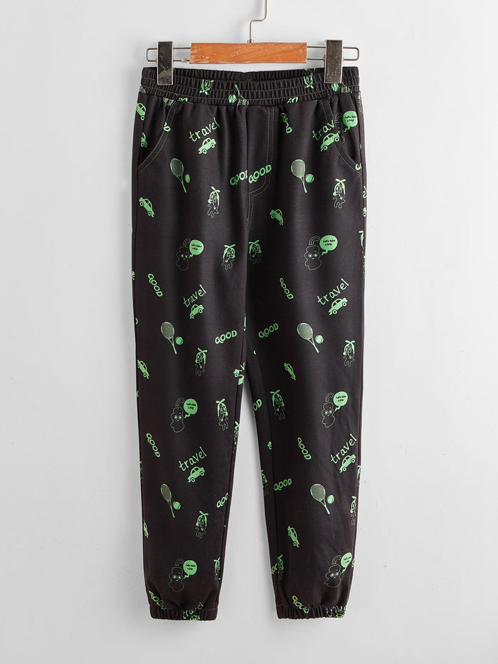 Boys Letter & Car Print Slant Pocket Pants