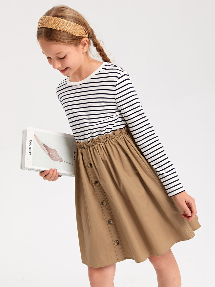 Girls Striped Paperbag Waist 2 In 1 Dress