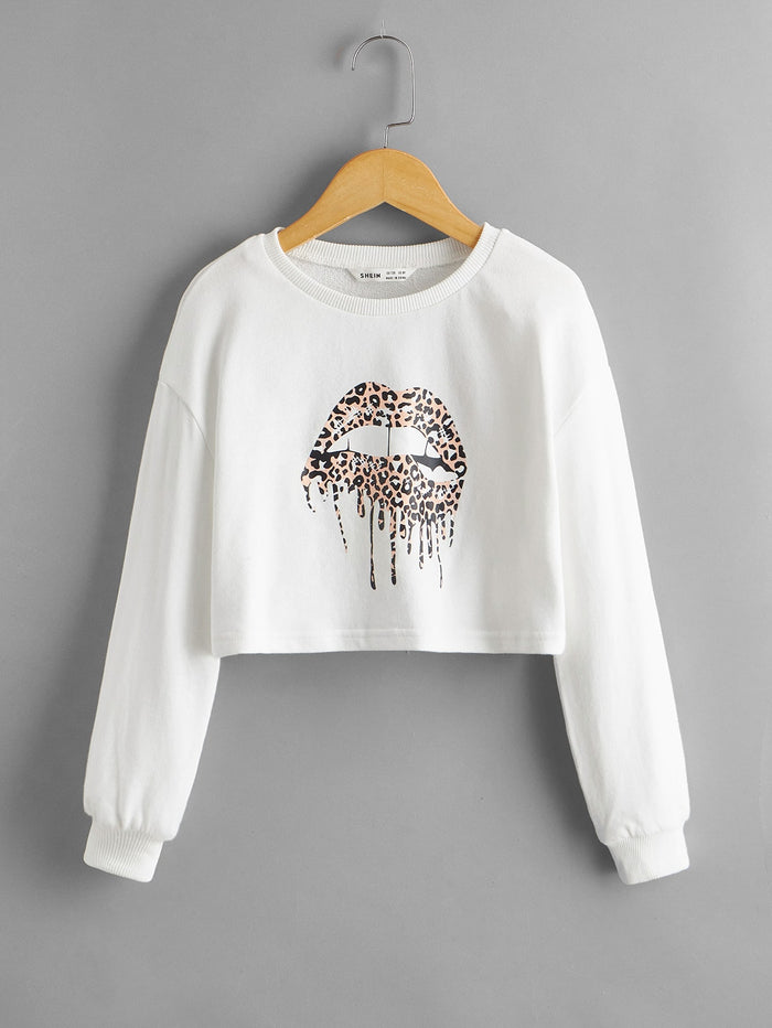 Girls Leopard Lip Print Drop Shoulder Sweatshirt White
